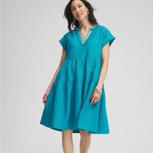 Chico's Linen Beaded V-Neck Tiered Dress Teal Small NWT